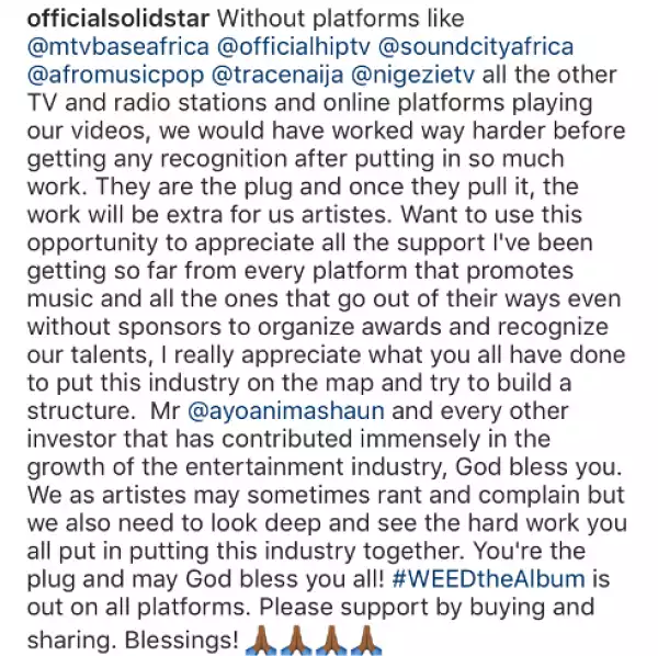 Solidstar apologizes to Headies and MTV base for previous rant